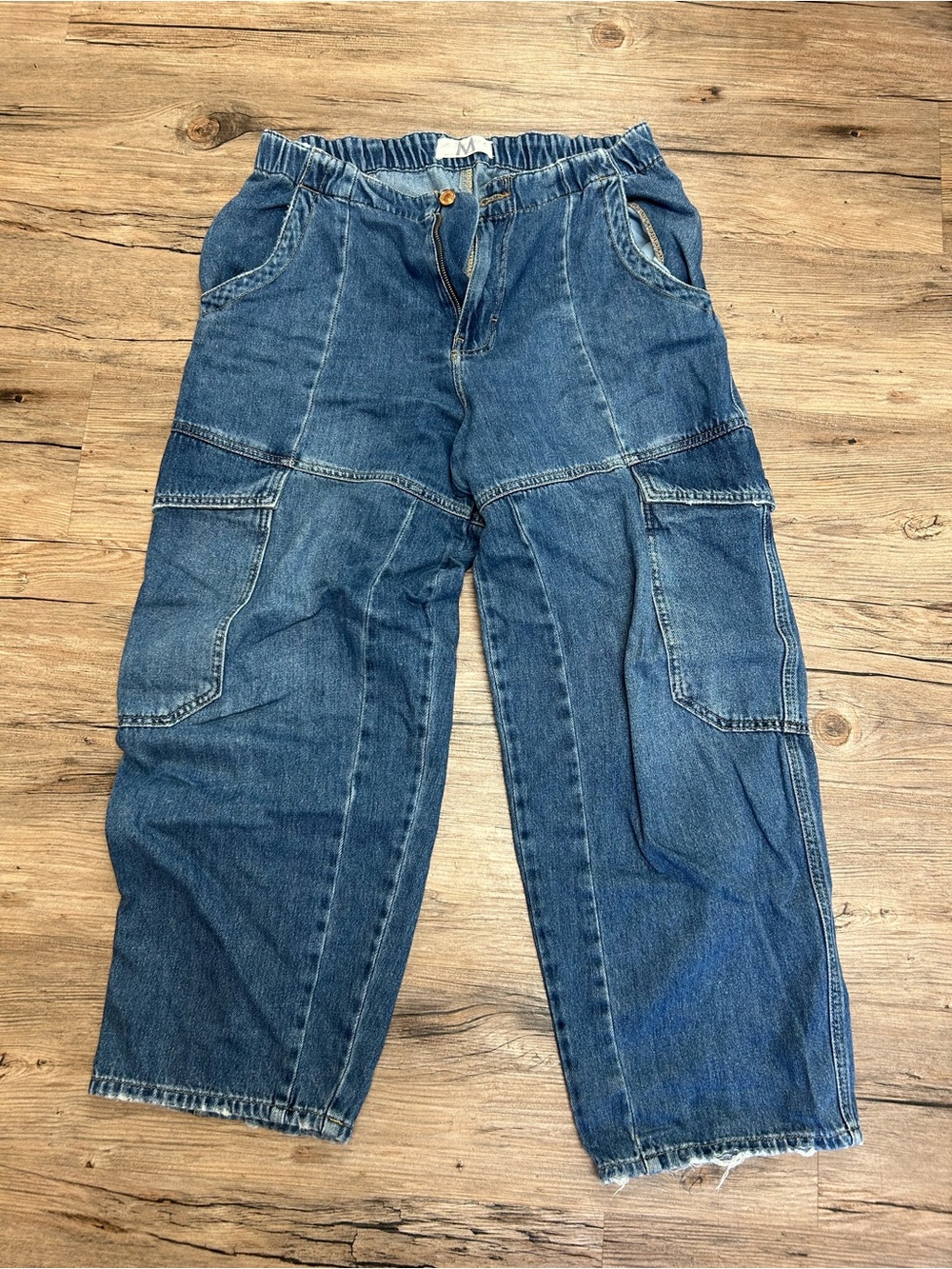 Free People Maggie Mid Rise Straight Blue Denim Cargo Pants - Relaxed Fit